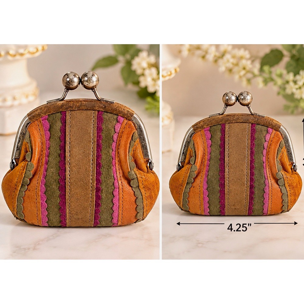 Fossil Vintage Leather Suede Patchwork Kiss Lock Coin Purse Wallet Y2K Boho
